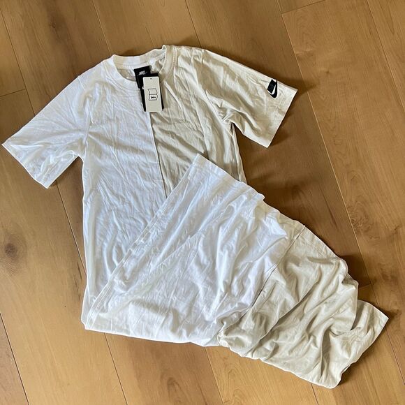 NWT Nike Organic Cotton Short Sleeve Midi Dress SZ S White Tan Color Block - Picture 2 of 6